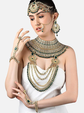 ZAVERI PEARLS Bridal Necklaces Earring Mathapatti Passa Ring Bracelets & Nosering Set For Women-ZPFK10839