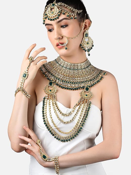 ZAVERI PEARLS Bridal Necklaces Earring Mathapatti Passa Ring Bracelets & Nosering Set For Women-ZPFK10839