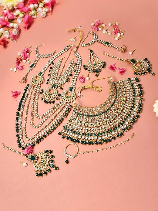 ZAVERI PEARLS Bridal Necklaces Earring Mathapatti Passa Ring Bracelets & Nosering Set For Women-ZPFK10839