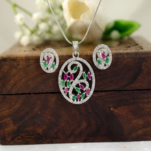 Silver-Tone Oval Swirl Multicolour Stone Pendant Necklace & Earrings Set