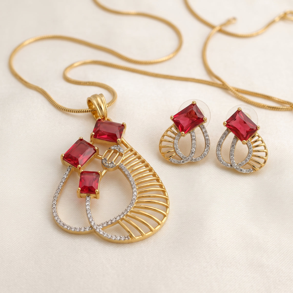 Gold Tone Ruby Red Stone Pendant Set with Earrings for Women Festive Wear