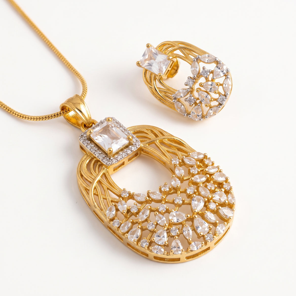 Gold Tone American Diamond Pendant Set with Earrings for Women Wedding Wear