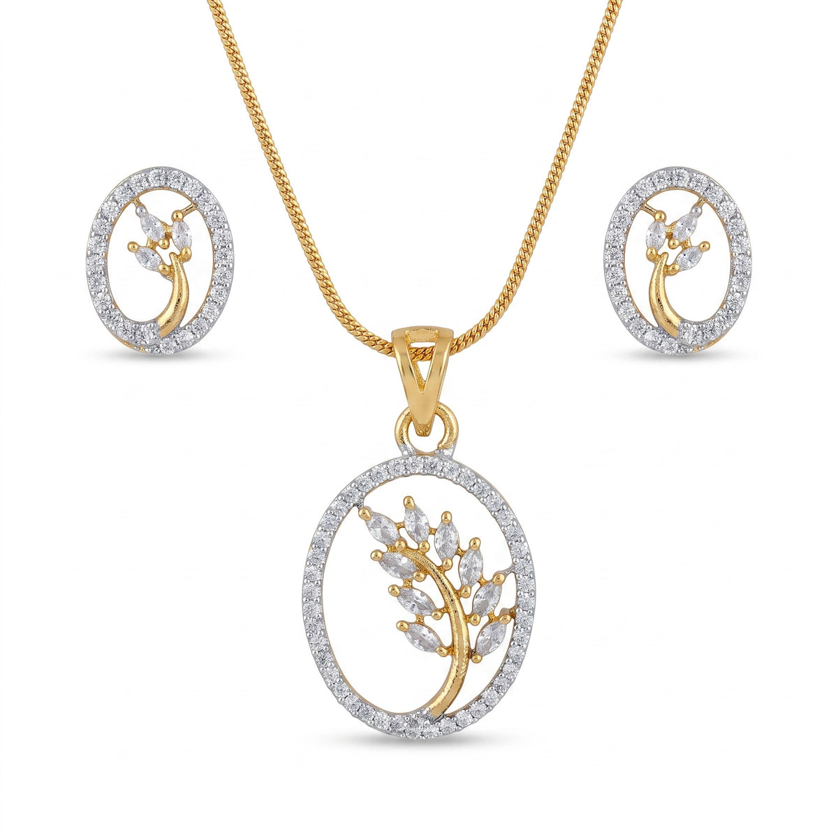 Gold-Tone Tree Motif White Stone Oval Pendant Necklace & Earrings Set
