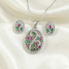 Silver-Tone Oval Swirl Multicolour Stone Pendant Necklace & Earrings Set