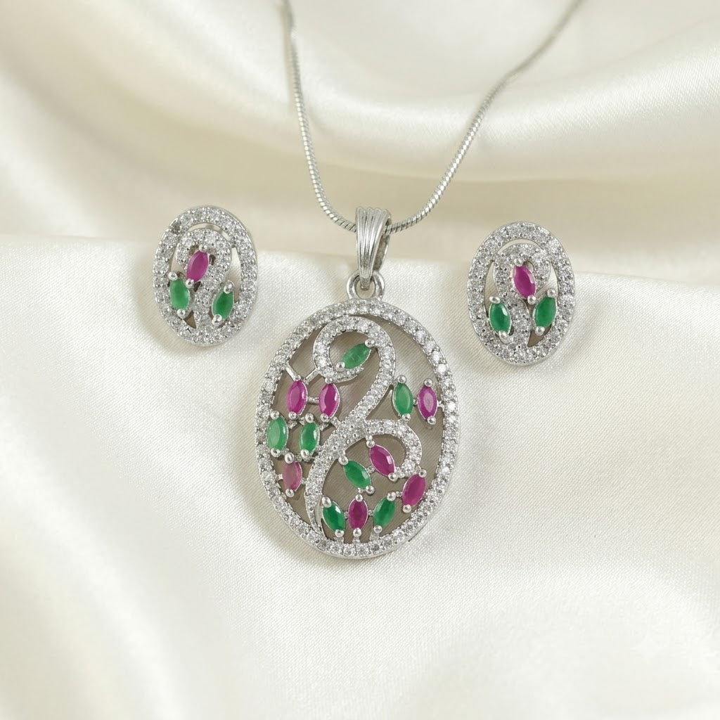 Silver-Tone Oval Swirl Multicolour Stone Pendant Necklace & Earrings Set