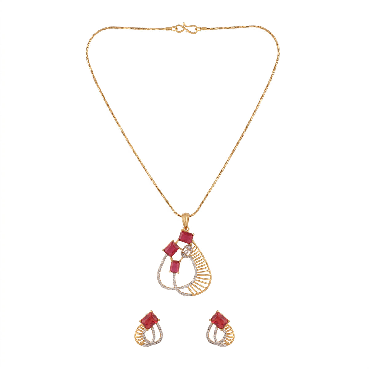 Gold Tone Ruby Red Stone Pendant Set with Earrings for Women Festive Wear