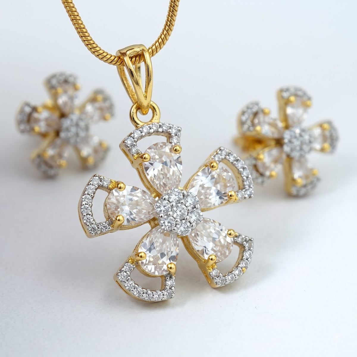 Gold-Tone Floral White Stone Pendant Necklace & Earrings Set