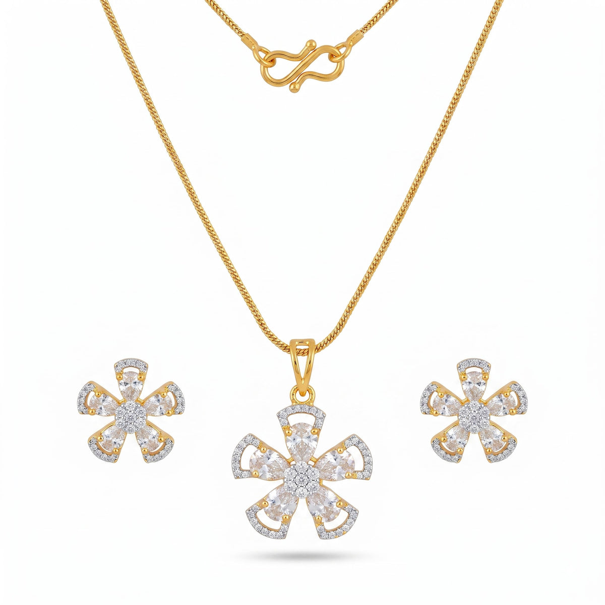 Gold-Tone Floral White Stone Pendant Necklace & Earrings Set