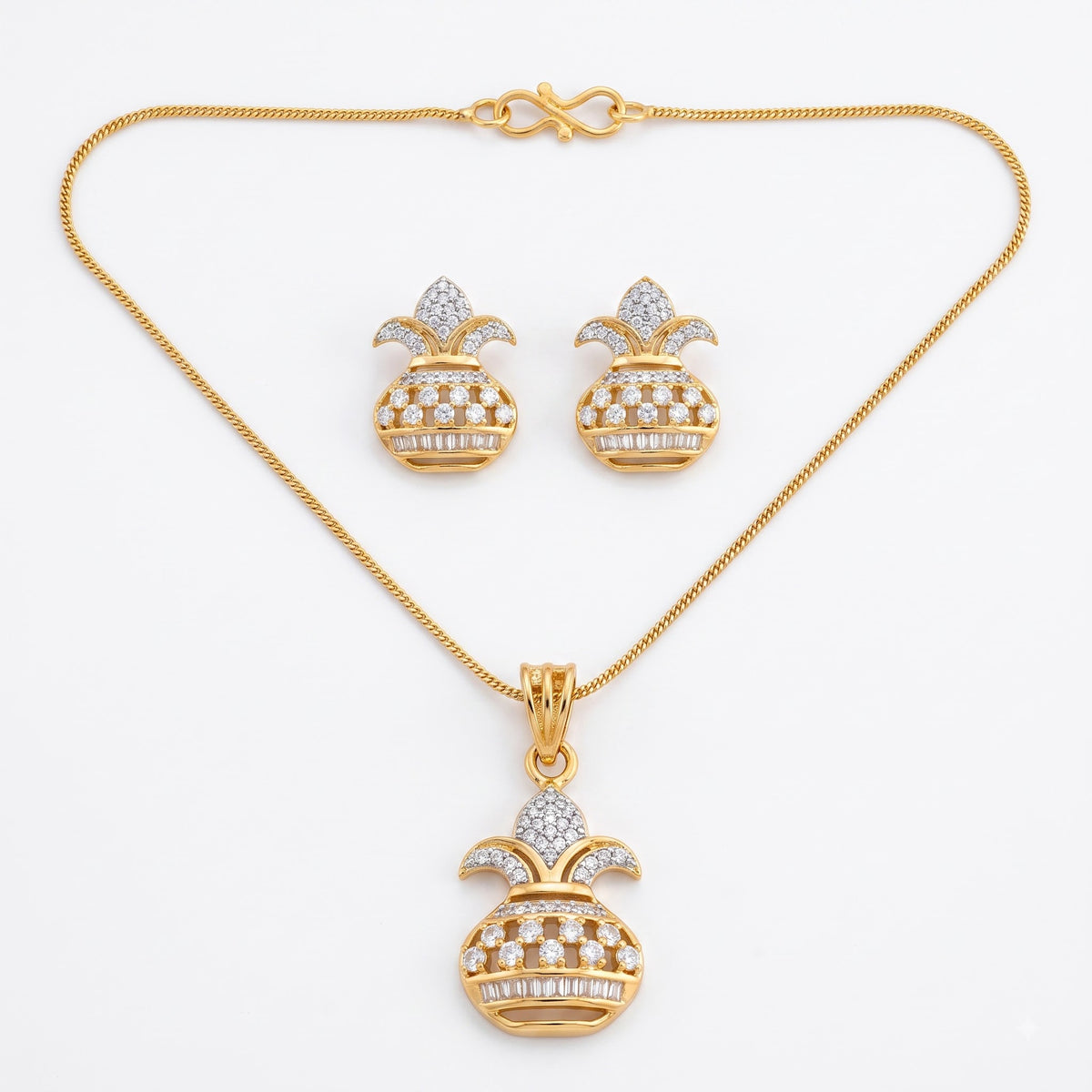 Gold Tone Kalash American Diamond Pendant Set with Earrings for Women Festive Wear