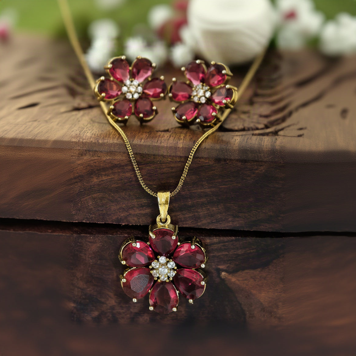 Gold Tone Pink Floral Stone Pendant Set with Earrings for Women Festive Wear
