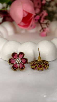 Gold Tone Pink Floral Stone Pendant Set with Earrings for Women Festive Wear