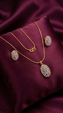 Dual Tone American Diamond Oval Pendant Set with Studs | Saaz Aura