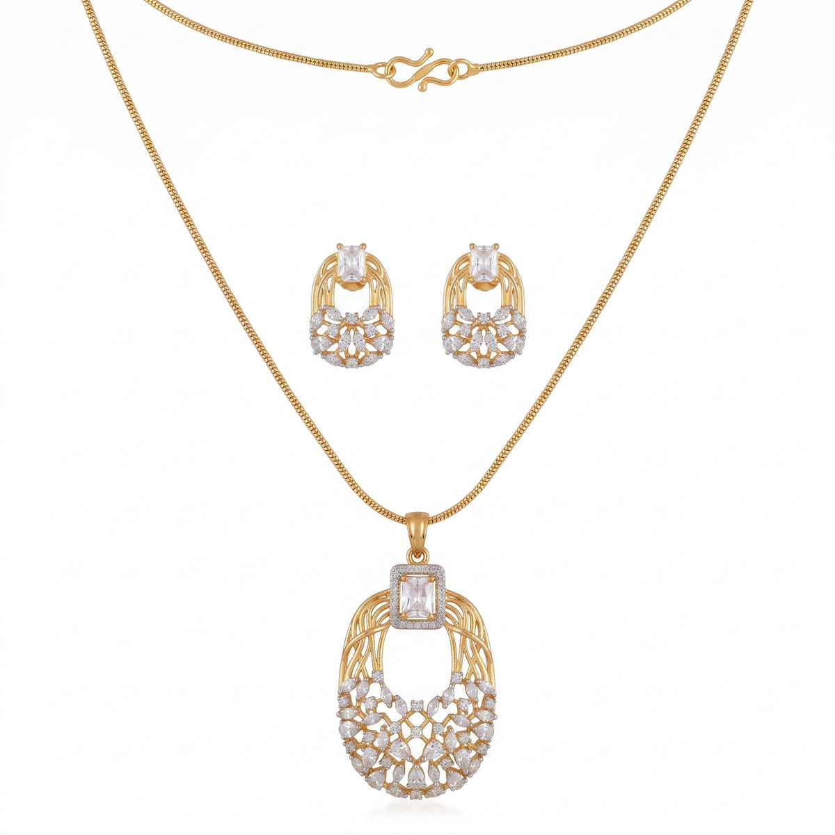 Gold Tone American Diamond Pendant Set with Earrings for Women Wedding Wear