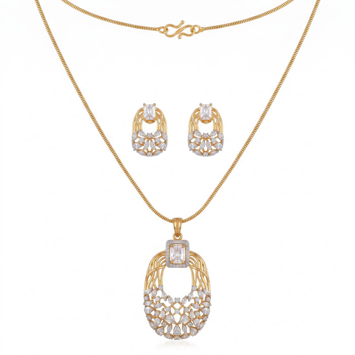 Gold Tone American Diamond Pendant Set with Earrings for Women Wedding Wear