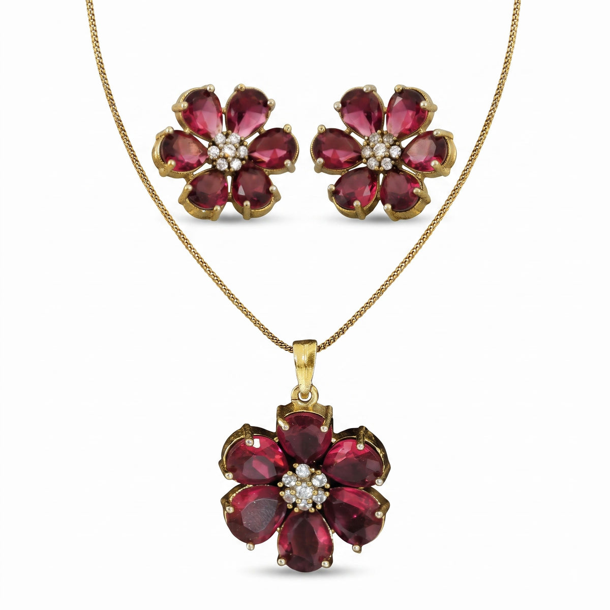 Gold Tone Pink Floral Stone Pendant Set with Earrings for Women Festive Wear