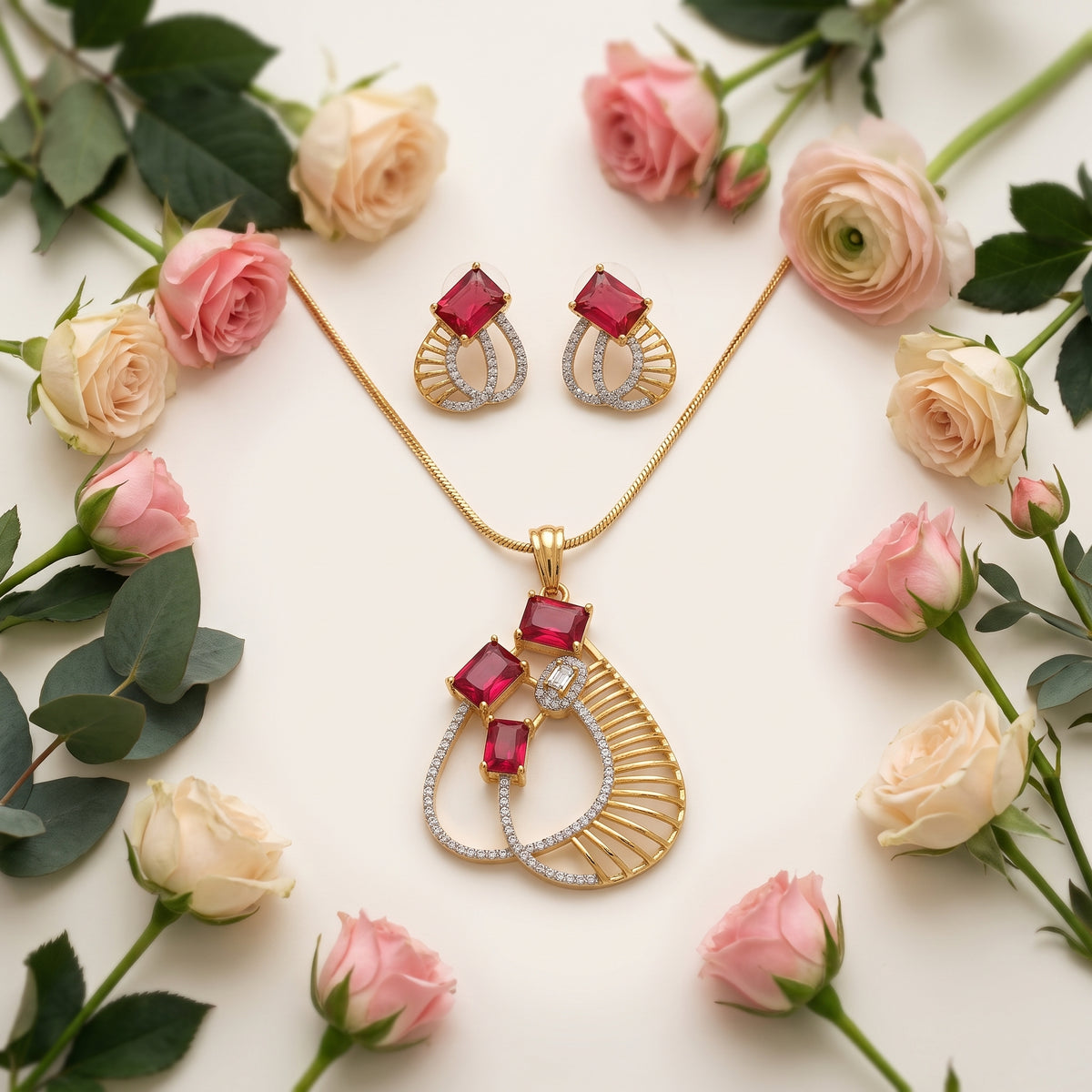 Gold Tone Ruby Red Stone Pendant Set with Earrings for Women Festive Wear