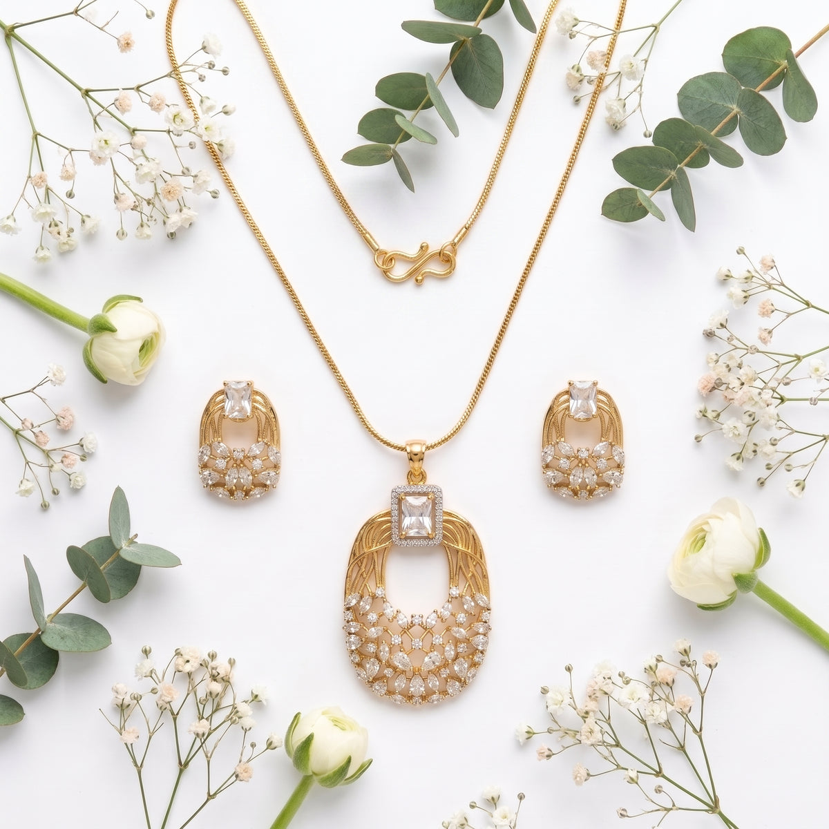 Gold Tone American Diamond Pendant Set with Earrings for Women Wedding Wear