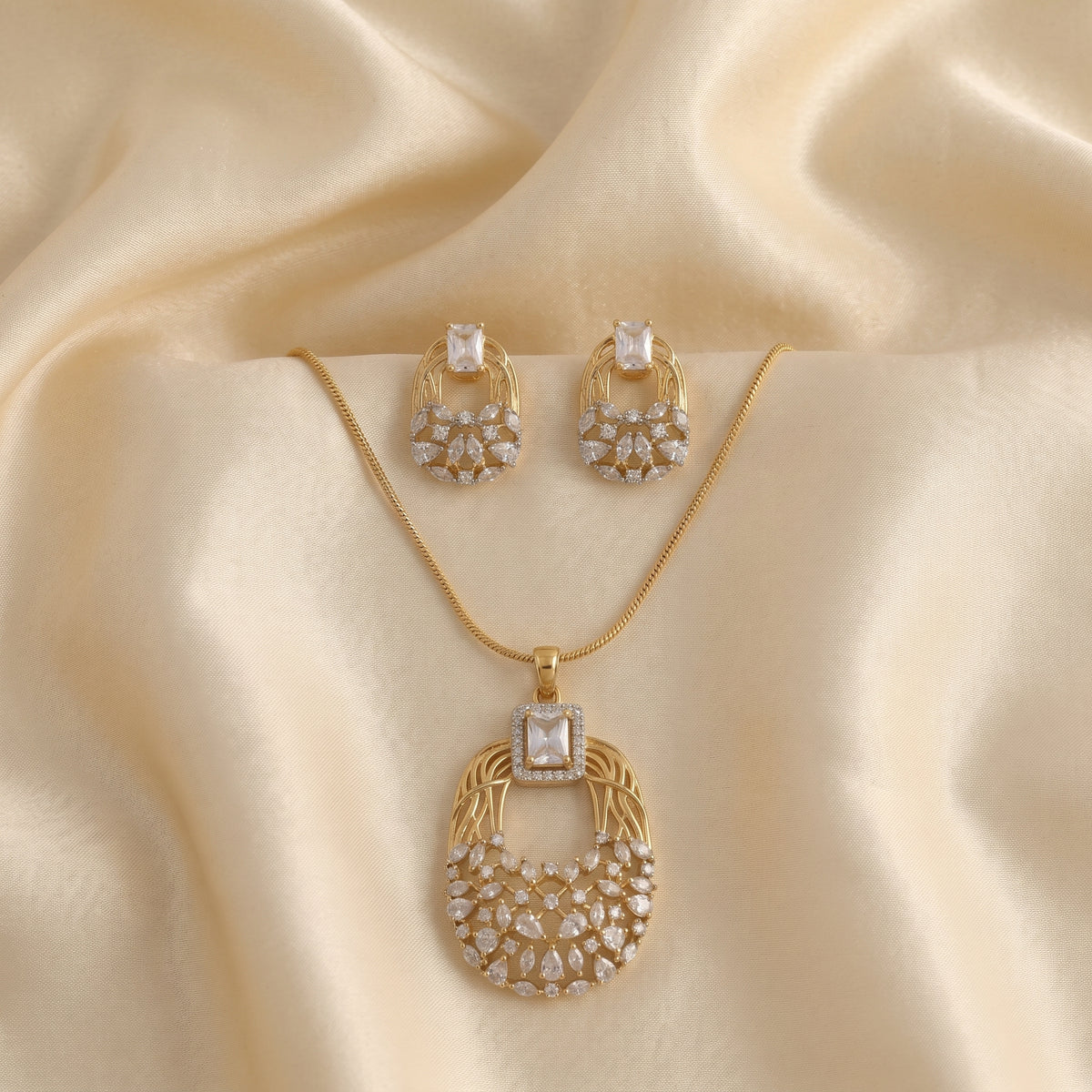 Gold Tone American Diamond Pendant Set with Earrings for Women Wedding Wear