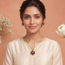 Gold Tone Pink Floral Stone Pendant Set with Earrings for Women Festive Wear