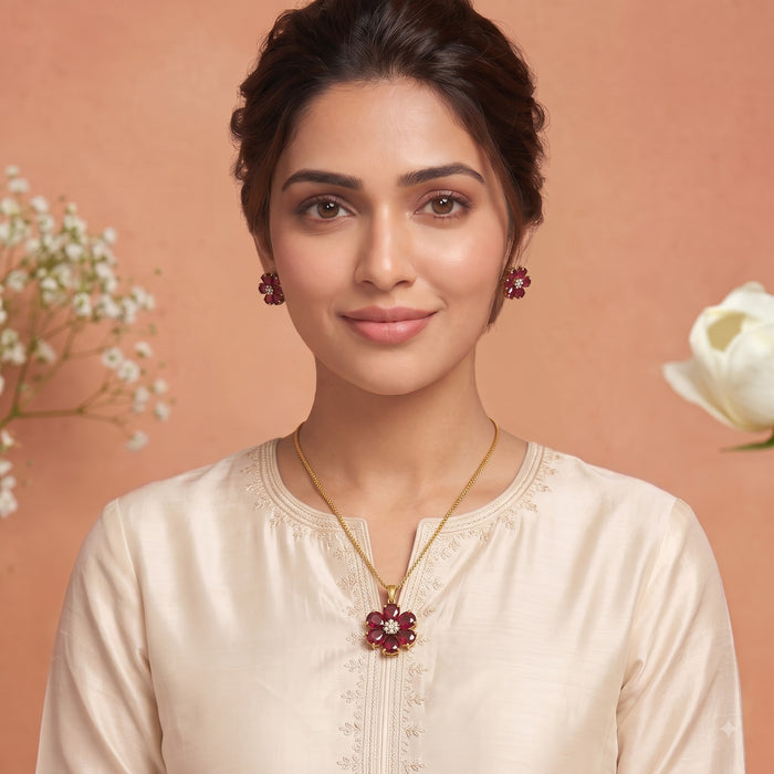 Gold Tone Pink Floral Stone Pendant Set with Earrings for Women Festive Wear