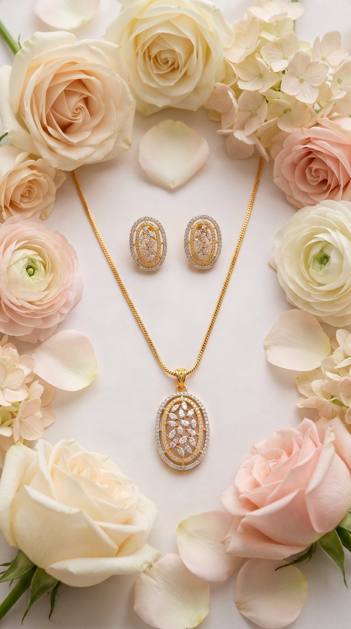 Dual Tone American Diamond Oval Pendant Set with Studs | Saaz Aura