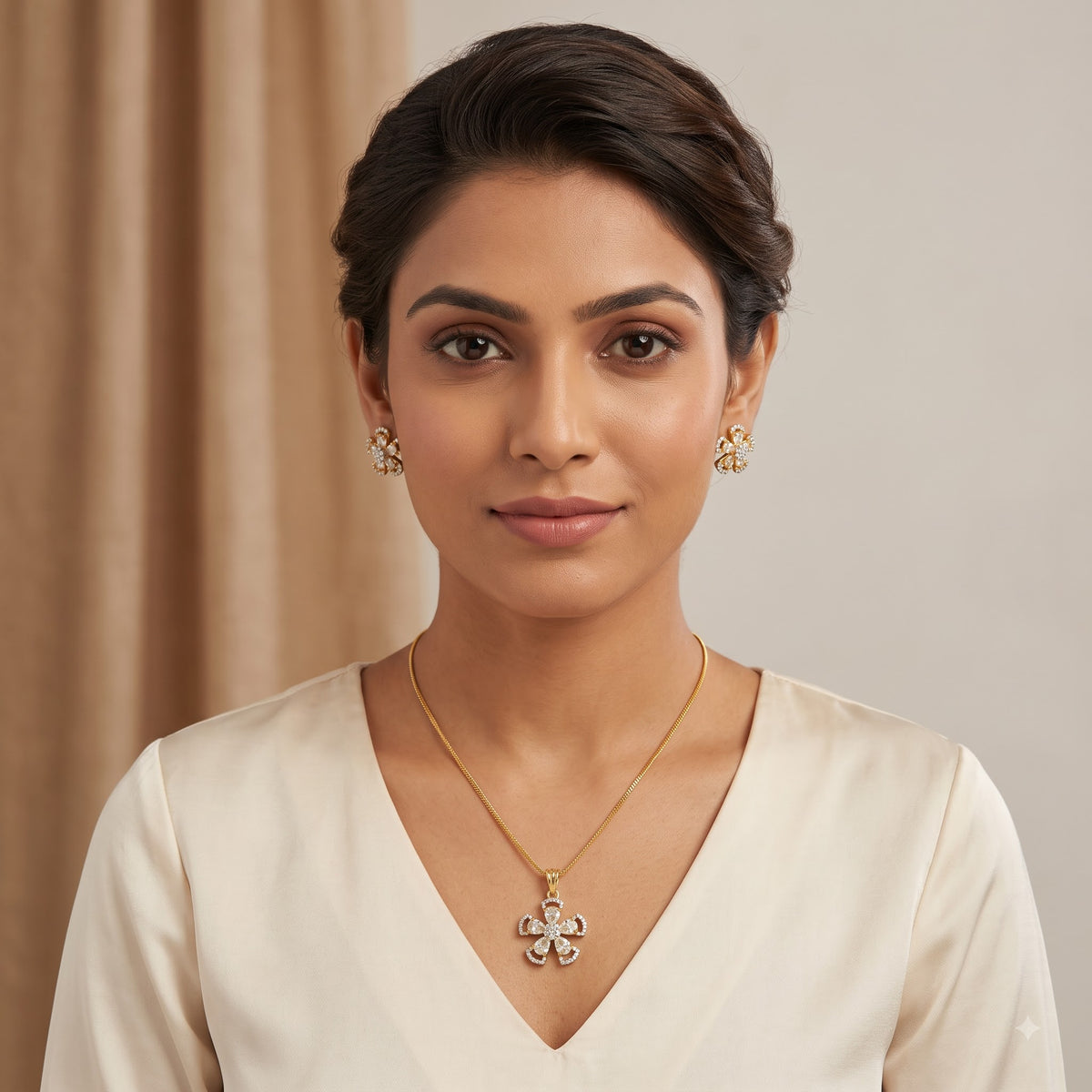 Gold-Tone Floral White Stone Pendant Necklace & Earrings Set