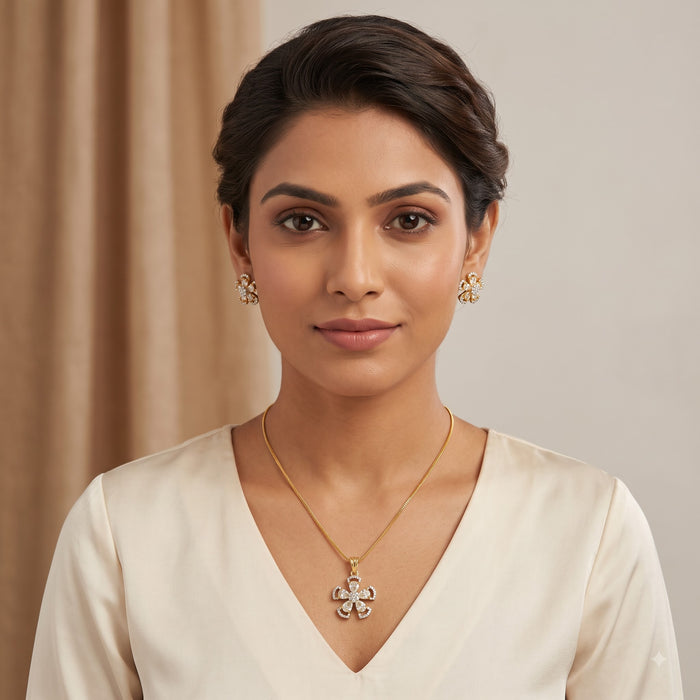 Gold-Tone Floral White Stone Pendant Necklace & Earrings Set