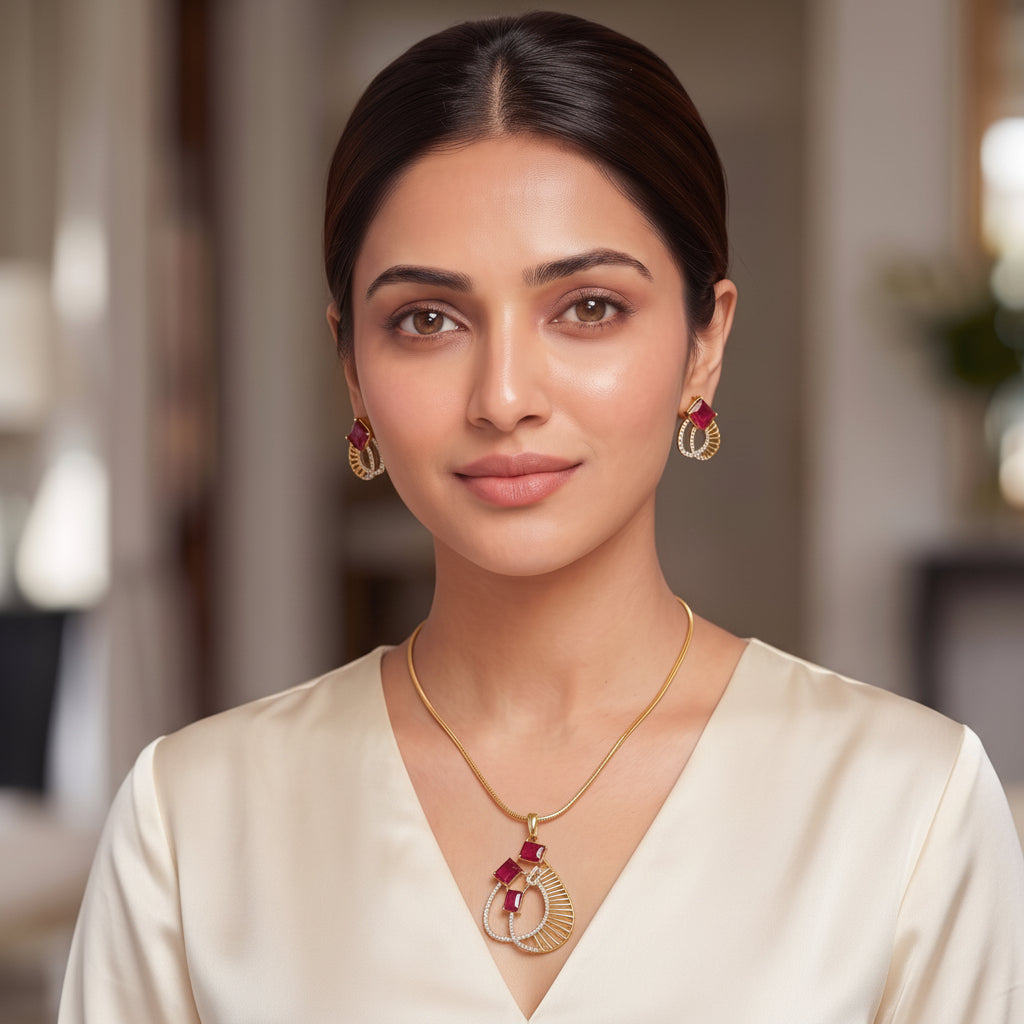 A woman with dark hair pulled back wears a green satin V-neck top and a gold pendant necklace with a red and gold crescent design. She is also wearing matching red and gold earrings, set against a softly blurred indoor background.