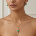 Emerald Green American Diamond Yellow Gold-Tone Swirl Pendant Set with Earrings
