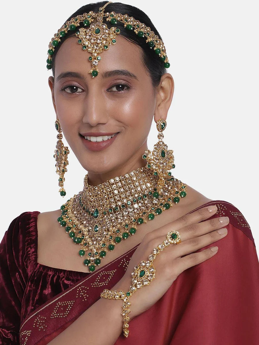 Champagne & Green Gold-Plated Crystals Embellished Bridal Jewellery Set