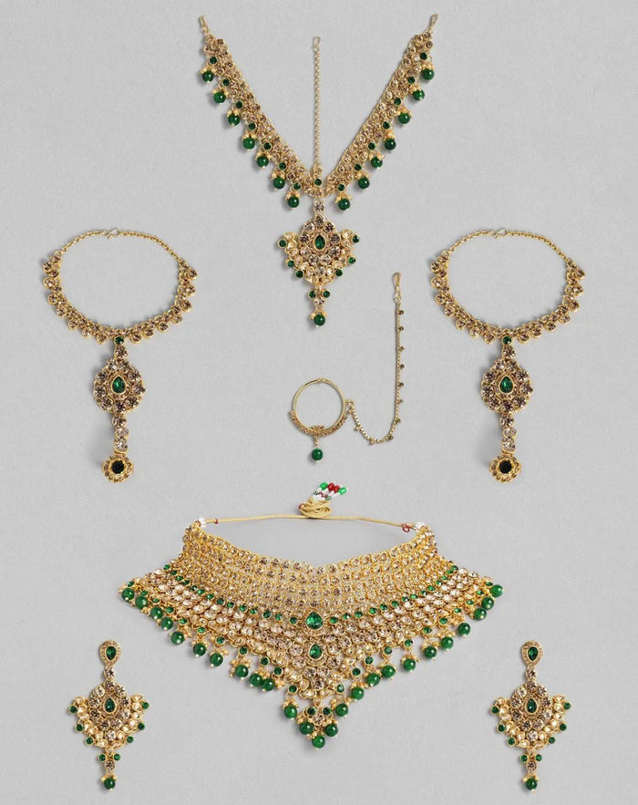 Champagne & Green Gold-Plated Crystals Embellished Bridal Jewellery Set